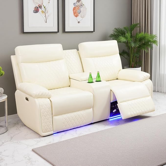 Power Recliner Loveseat, Living Room Furniture Sets, Breathing Leather Reclining Sofa Loveseat, 2 Seater Reclining Couch with Cup Holders/Storage/Charging for Living Room/Office, Cream White