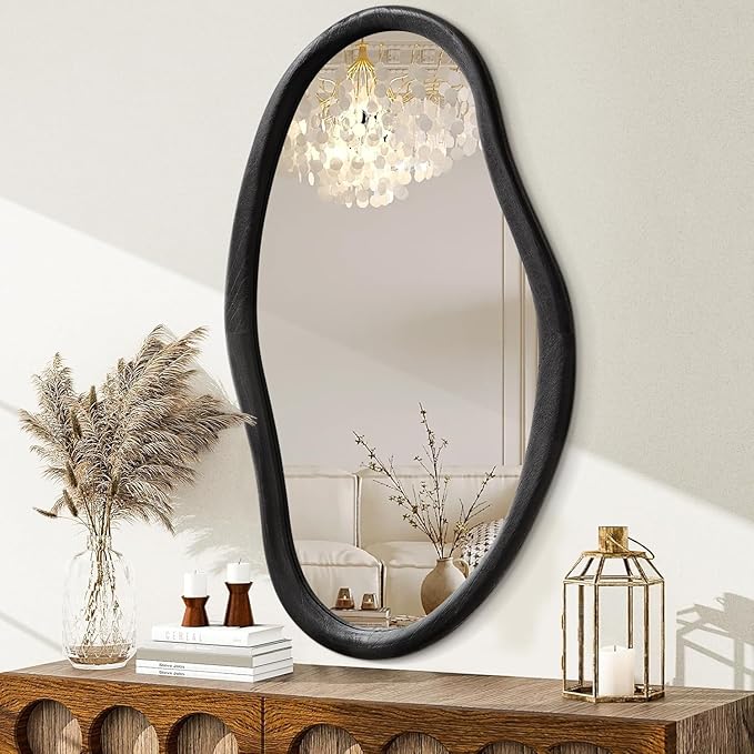 JJUUYOU Irregular Mirror Black Asymmetrical Wooden Wall Mirror 34"x22" Large Home Decorative Wall Mounted Vanity Hanging Mirrors for Bathroom Dressing Room Living Room