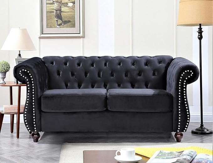 Container Furniture Direct Feinstein Modern Velvet Chesterfield Couches for Living Room with Nailheads, Diamond Tufting & Durable Metal Frame, Loveseat, Black