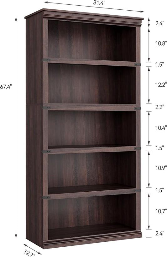 5 Tier Farmhouse Bookcase, 67.4 in Tall Book Shelf with Storage, Wooden Bookshelves 5 Shelf Display Shelvesfor Home Office, Living Room, Bed Room (Cherry, 67.4 in H x 31.5 in W x 12.8 in D)