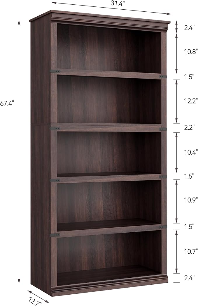 GAOMON 5 Tier Bookcase, Farmhouse Book Shelf with Storage Open Display Bookshelves, 67.4" Tall Book Case Wooden 5 Shelf Bookcase Home Decor Furniture for Home Office, Living Room, Bed Room - Cherry