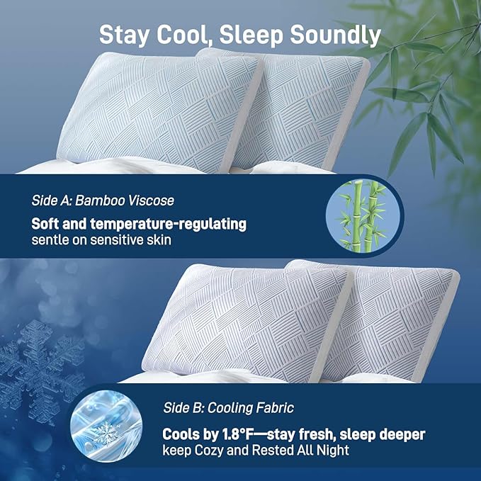 Lyralith Shredded Memory Foam Cooling Soft Bamboo Viscose Pillow Queen Size, Adjustable Hypoallergenic Hotel Quality Bed Pillow for Side, Stomach or Back Sleeper, Oeko-TEX Certified