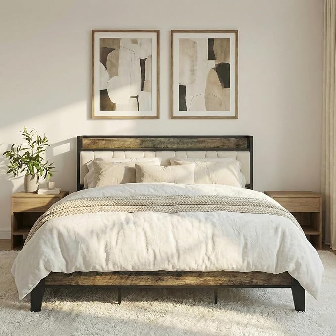 LIKIMIO King Bed Frame, Storage Headboard with Charging Station, Solid and Stable, Noise Free, No Box Spring Needed, Easy Assembly (Walnut and Beige)