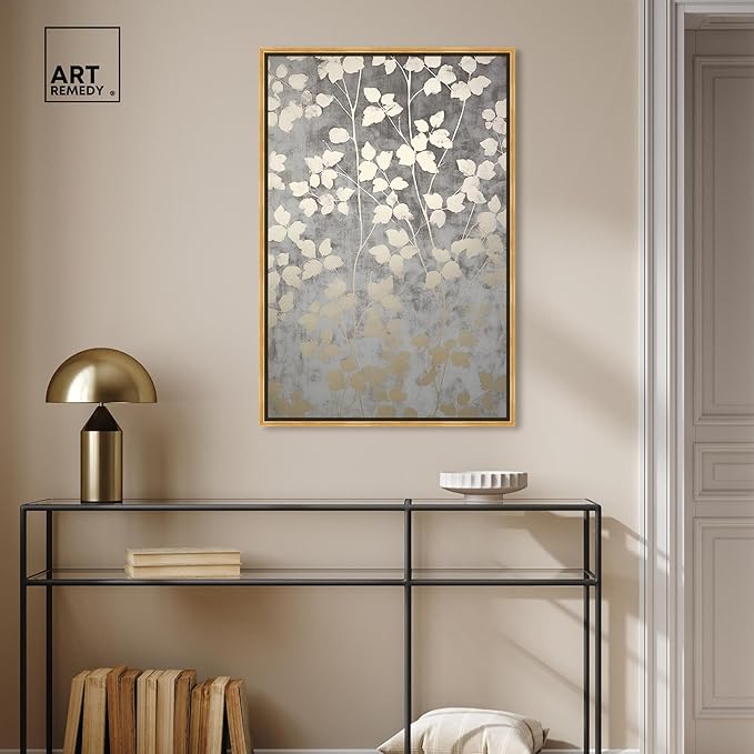 Art Remedy Silvery Gray Garden Canvas Elegant Floral Wall Art, Gold Frame, 24" x 36"