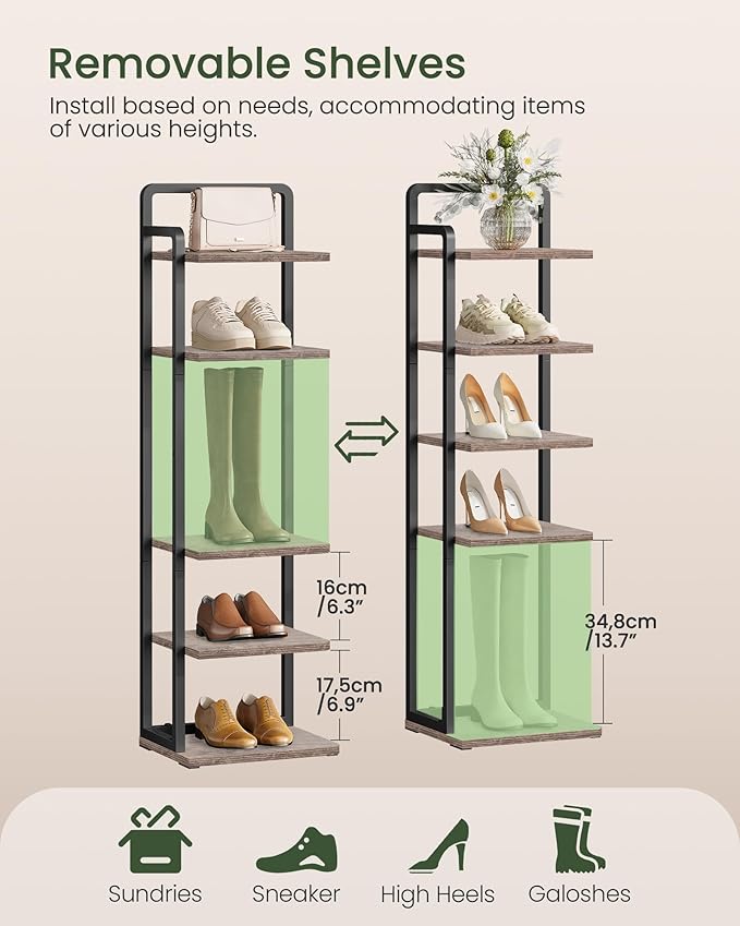 6-Tier Vertical Shoe Rack, Narrow Shoe Tower, Corner Shoe Storage Organizer, Shoe Shelf, for Small Spaces, Industrial Style, for Entryway, Hallway, Living Room, Greige and Black TXJ06BG