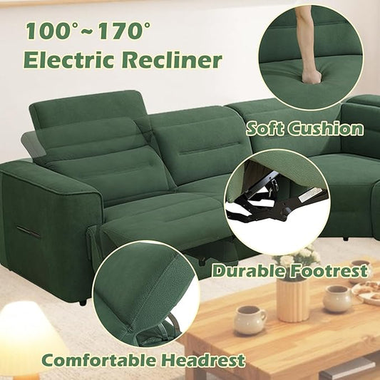 Power Reclining Sectional Sofa Set with USB Ports & Adjustable Headrest, 5-Seater L-Shaped Flannel Recliner Sectional Couch for Living Room,Green