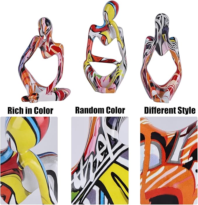 Graffiti Thinker Statue Decor for TV Stand, Shelf, Desk, or Coffee Table - Set of 3 Resin Figurines for Living Room Decorative Objects, Modern Sculpture, Minimalist Bookcase Decor