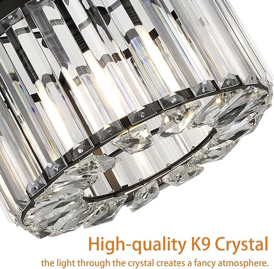 FRIDEKO HOME Crystal Ceiling Light - Black Small Chandelier Semi Flush Mount Ceiling Light Fixture Modern Lights for Hallway Bathroom Kitchen Entryway (9.05 Inch, Bulb not Included)