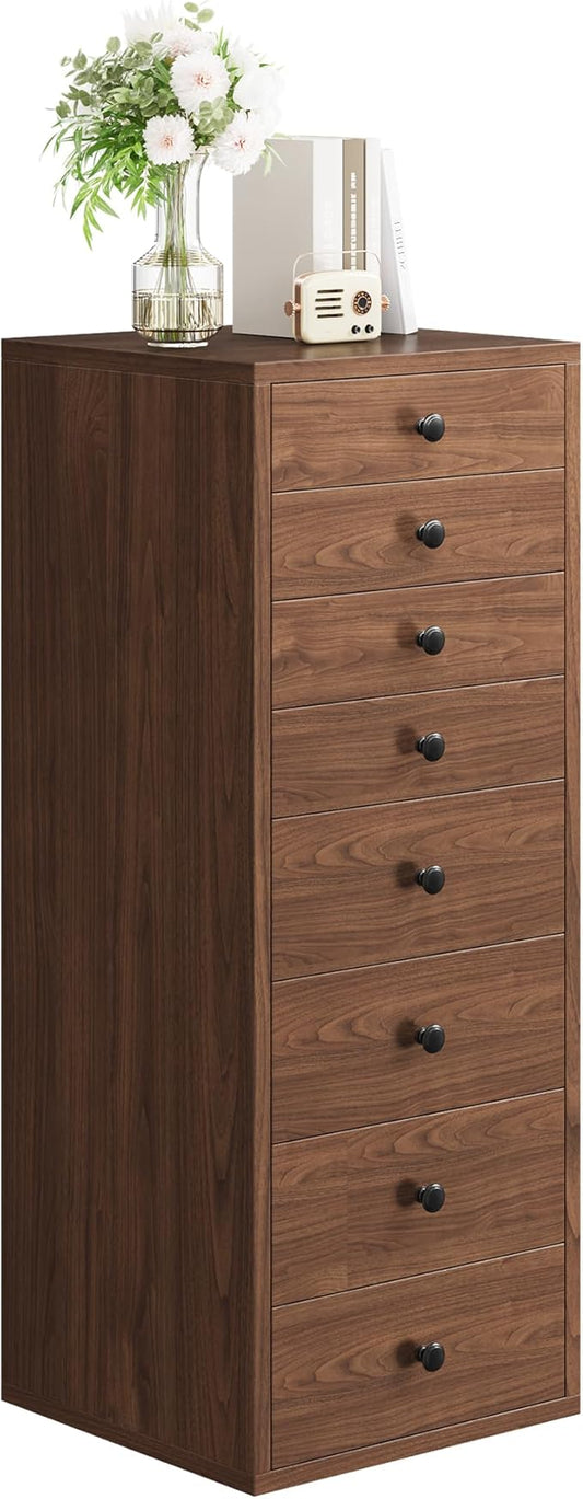 LIKIMIO Tall Dresser, Small Dressers with 8 Storage Drawers, Chest of Drawers for Organizing, Tall Narrow Dresser for Bedroom, Walnut