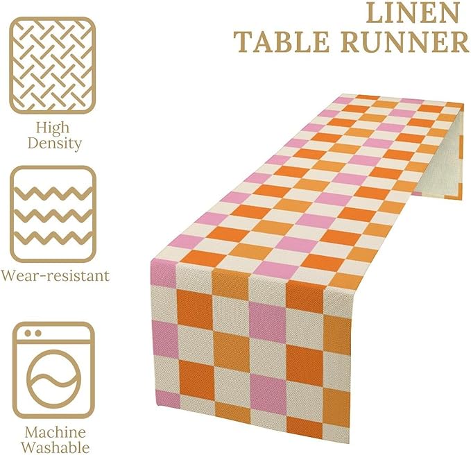 Hippie Table Runner Vintage Geometric Square Grid Yellow Orange Pink 1960s 1970s Retro Country Farmhouse Dinner Runner for Living Room Kitchen Party Holiday Dinner Home 13x70in