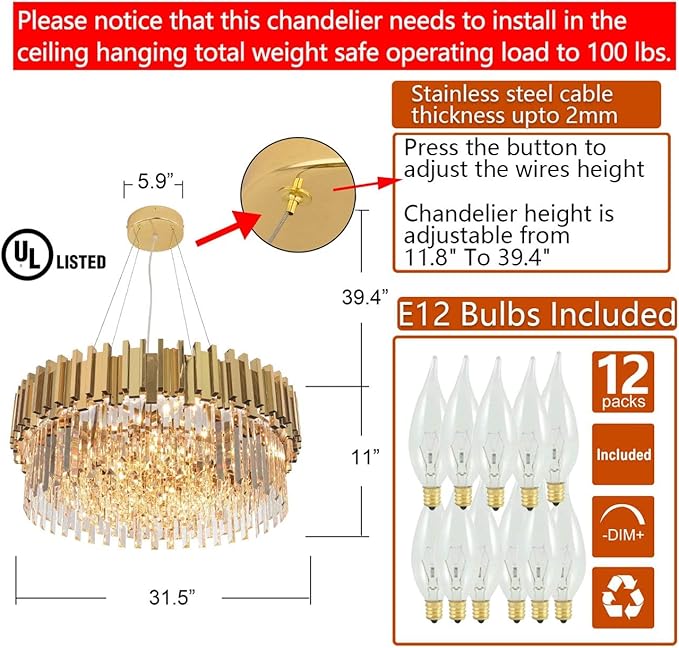 Modern Crystal Chandelier Lighting Round Gold Pendant Lights Fixture with Stainless Steel Shade Island Chandeliers Ceiling Dining Room Living Room Contemporary Kitchen Dimmable 12-Lights