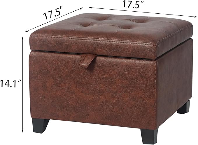 Adeco Faux Leather Storage Ottoman, 17.5" Square Cube Foot Stool with Hinged Lid & Wood Legs, Upholstered Button Tufted Footrest for Living Room, Bedroom Entryway, Reddish Brown