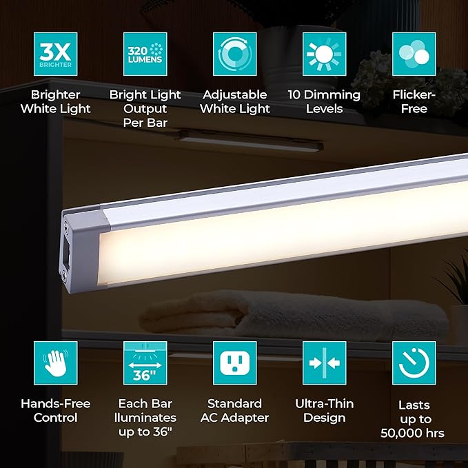 PureOptics LED Works with Alexa Smart LED Under Cabinet Lighting Kit, Motion Sensor, Dimmable, 3 Color Settings, For Kitchen, Cabinets and Closets, (4) 9" Bars, White, A Device