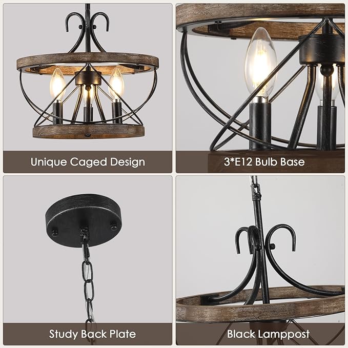 12.9'' Farmhouse Chandelier Light Fixture, 3-Light Dining Room Light Fixtures French Country Rustic Chandelier Over Table for Entryway Foyer Bedroom Living Room