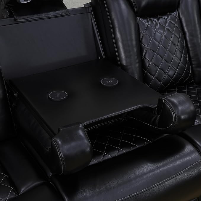 Power Recliner Sectional Sofa Set for Living Room, Leather Recliner Sofa Sets, L-Shaped Corner Sectional Couch Sets with LED Lights, Console Storage(Sectional,Black)