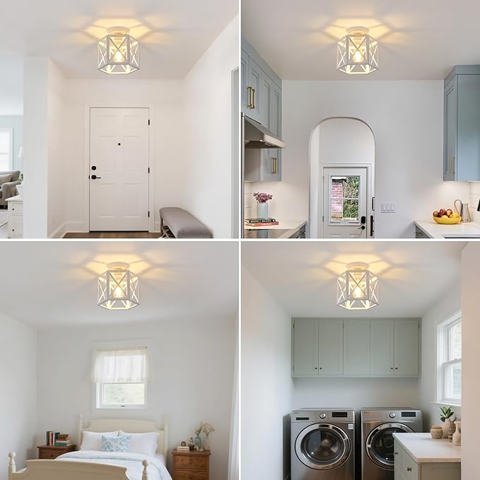 2 Pack White Semi Flush Mount Ceiling Light, Modern Hallway Light Fixture, Vintage Metal Hexagonal Ceiling Lamp for Kitchen Entryway Porch
