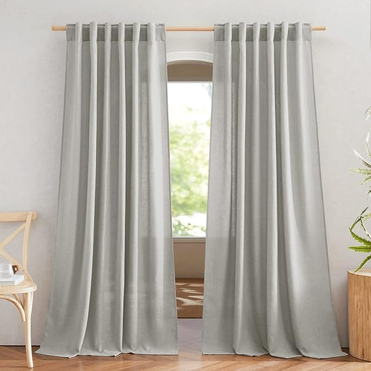 NICETOWN Linen Gray 108 inch Curtains for Living Room, Rod Pocket & Back Tab Flax Linen Burlap Semi Sheer Eclectic Window Treatments Privacy with Light Filtering for Living Room, W52 x L108