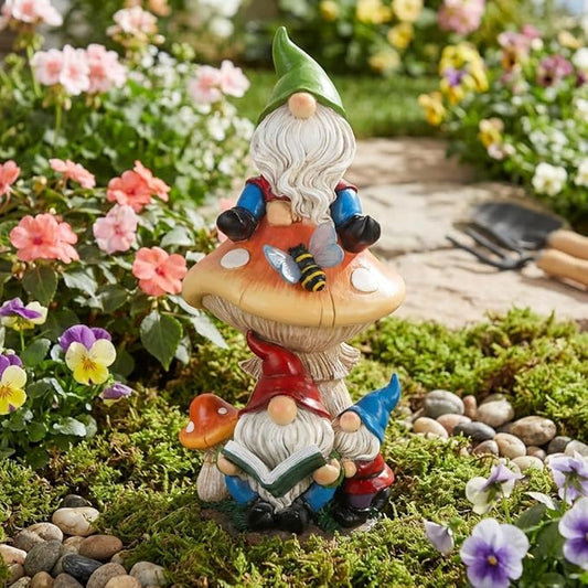 TERESA'S COLLECTIONS Garden Gnomes Statues Decorations for Yard with Solar Lights, Resin Gnome on Mushroom Reading Garden Decor Outdoor for Patio Lawn Ornaments,Ideal Gifts for Dad and Mom, 12.6"
