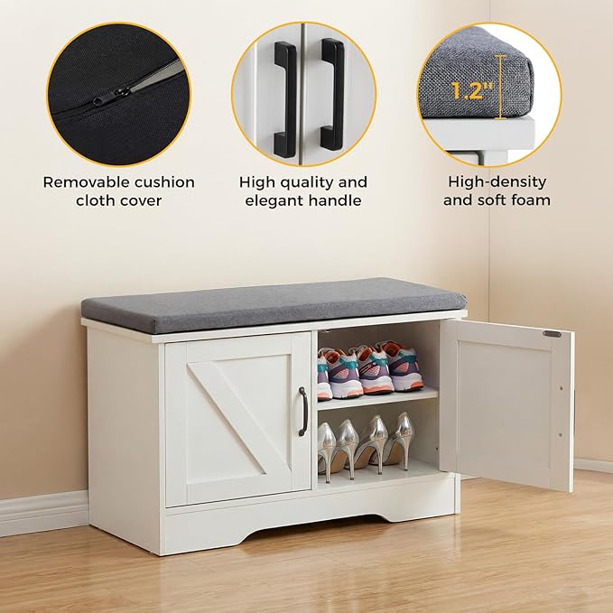 NEWBULIG 2-Tier Storage Bench, 47" Wide Shoe Bench with Padded Seat Cushion, Entryway Bench with 4 Barn Doors and Adjustable Shelf, White