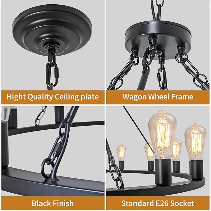 16-Light 48" Large Wagon Wheel Chandelier,Farmhouse Chandelier, Rustic Vintage Black Round Pendant Light Fixtures for Kitchen Island Dining Living Room Foyer Entryway