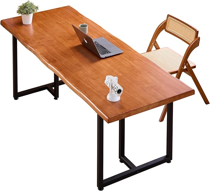 62.99" Wood Brown Solid Wood Dining Table, Heavy-Duty Metal Legs Leisure Table for Home Office, Kitchen & Restaurant Use