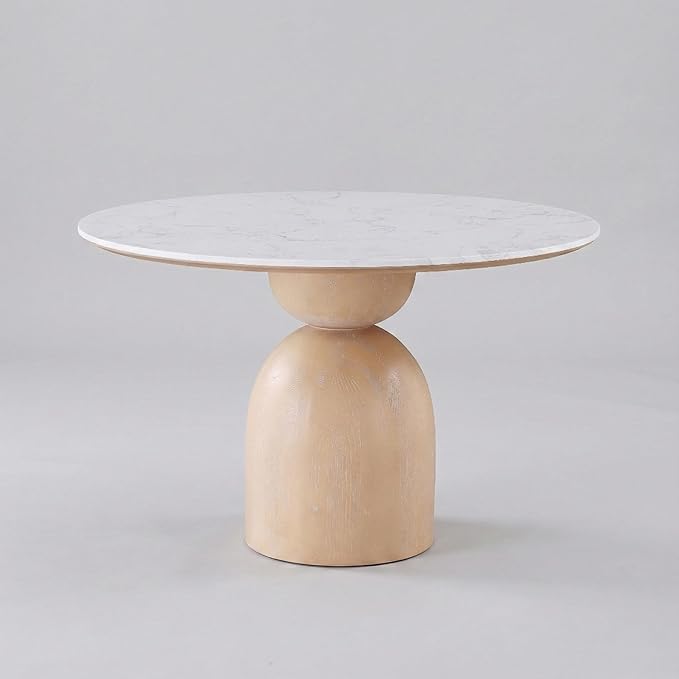Furniture of America Sonya Modern Round Dining Table with Drum Base and Faux Marble Stone Top, Easy Assembly for Home, Kitchen and Living Room, Natural