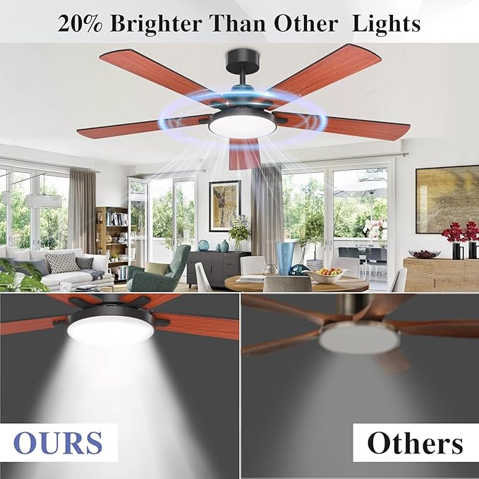 Ceiling Fans with Lights and Remote Control,Indoor/Outdoor Flush Mount Low Profile Commercial Reversible Dimmable Wood Grain Ceiling Fans for Living Room Patio Industrial Shop, 62 inch