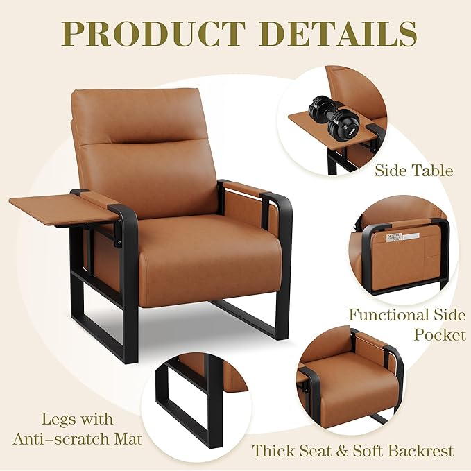 Brown PU Leather Accent Chairs Set of 2 with Side Table Modern Upholstered Armchair Leisure Side Chairs for Living Room Bedroom Office