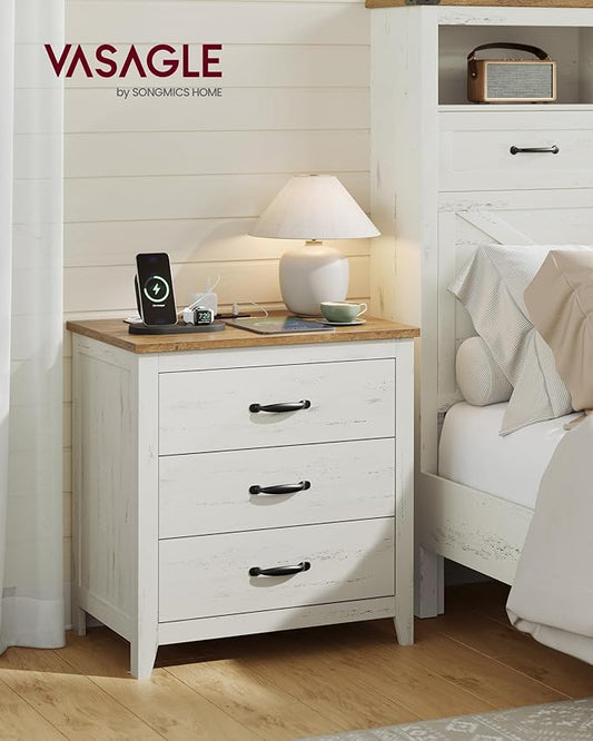 VASAGLE LIRY Collection - Farmhouse Nightstand with Charging Station, Bedside Table, Side End Table with 3 Drawers, for Bedroom, Rustic White and Honey Brown ULET679W01
