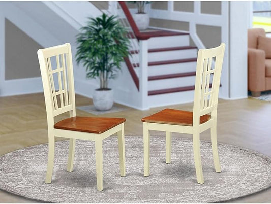East West Furniture NIC-WHI-W Nicoli Dining Room Chairs - Stylish Back Wood Seat Chairs, Set of 2, Buttermilk & Cherry