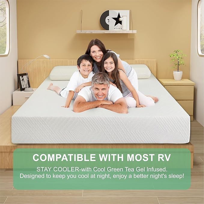 RV Mattress Short Queen, 10 Inch Cooling Green Tea Gel Memory Foam Camper Mattresses Fiberglass Free Medium Firm Bed-Mattress in a Box, Made in USA, CertiPUR-US Certified Safe Foams & Fabric, 75"×60"
