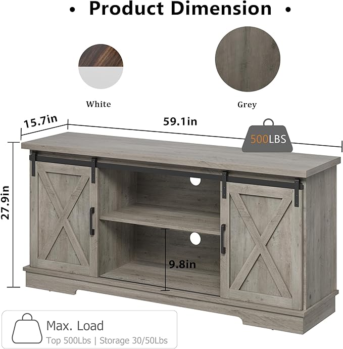 GarveeHome Farmhouse Tv Stand for 65 in TVs, Entertainment Center with Sliding Barn Doors and Adjustable Shelf, Modern Media TV Console TV Stand Table for Living Room, Bedroom, Grey
