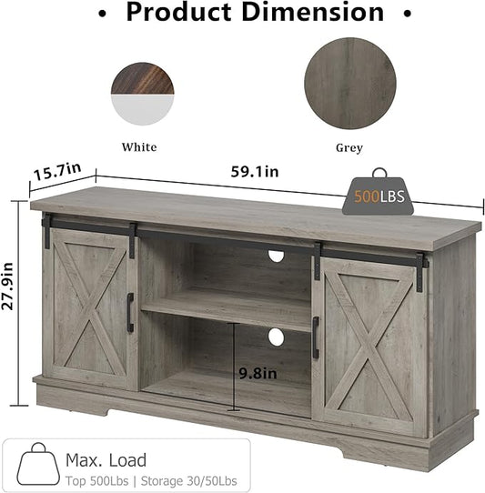 GarveeHome Farmhouse Tv Stand for 65 in TVs, Entertainment Center with Sliding Barn Doors and Adjustable Shelf, Modern Media TV Console TV Stand Table for Living Room, Bedroom, Grey