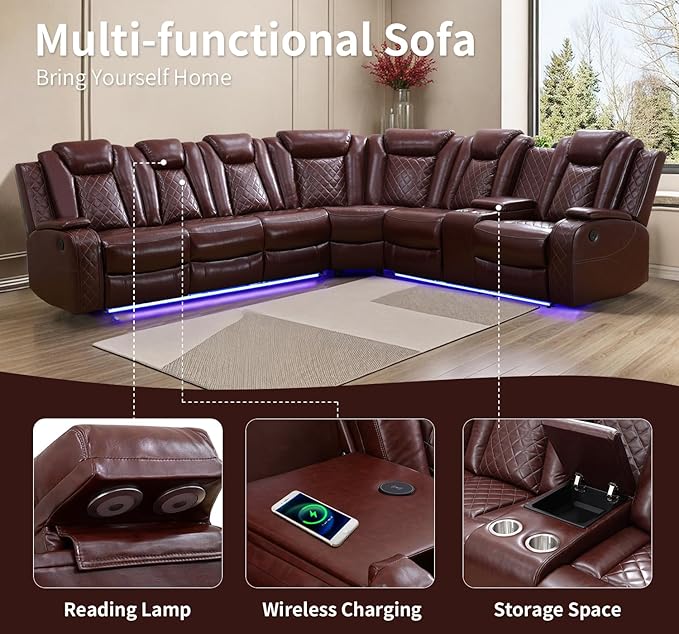 Power Recliner Sofa Sectional Couches with LED Light,Leather Reclining Corner Sectional Sofa with 2 Recliner Seats,Cup Holder,Storage Console for Living Room，Wine