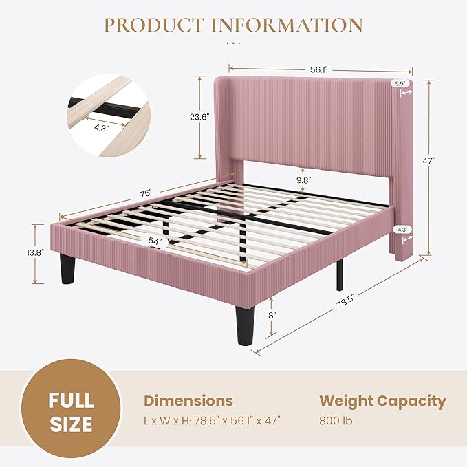 SHA CERLIN Full Size Corduroy Upholstered Platform Bed Frame with Vertical Channel Tufted Wingback Headboard, 8" Under Bed Storage, Wooden Slats & Metal Frame Support, Easy Assembly, Light Pink