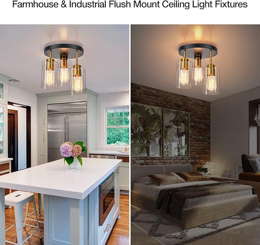 Flush Mount Ceiling Light 3-Light Black Semi Ceiling Light Fixture with Clear Glass Shades, Farmhouse Industrial Gold Brass Kitchen Ceiling Lights for Hallway Entryway Dining Roon Bedroom