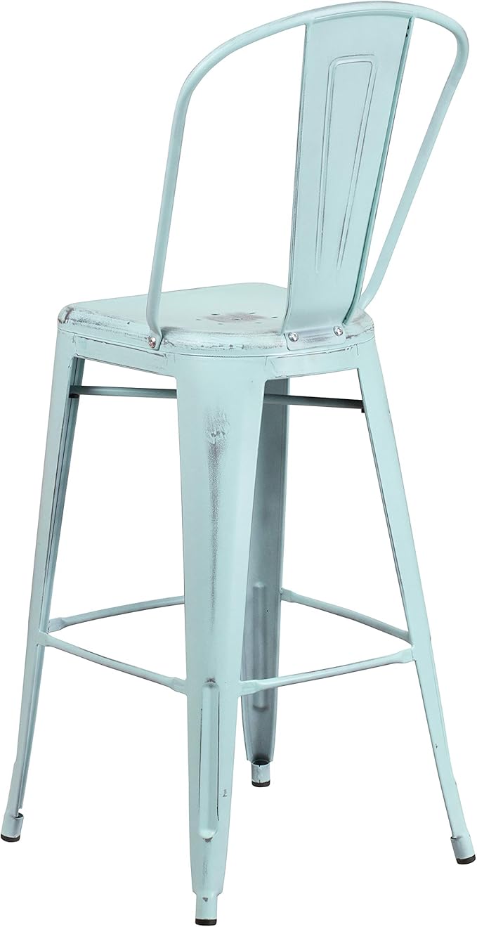 Flash Furniture Commercial Grade 30" High Distressed Green-Blue Metal Indoor-Outdoor Barstool with Back