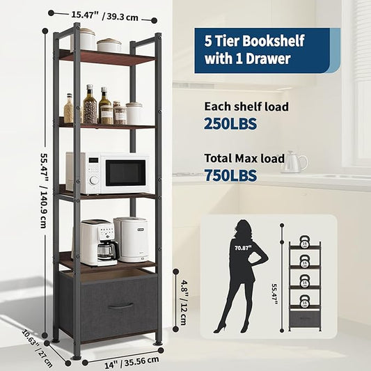 Whitmor 5-Tier Bookshelf with Drawer, Modern Display Bookcase with Wood Shelves & Metal Frame, Narrow Standing Storage Organizer for Living Room, Bedroom, Home Office, Black
