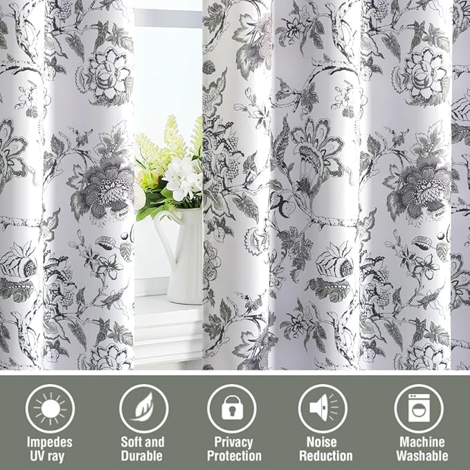 H.VERSAILTEX Blackout Curtains 63 Inch Length 2 Panels Set Floral Print Curtain Drapes for Living Room Thermal Insulated Grommet Window Curtains for Bedroom - Traditional Floral in Antique Green