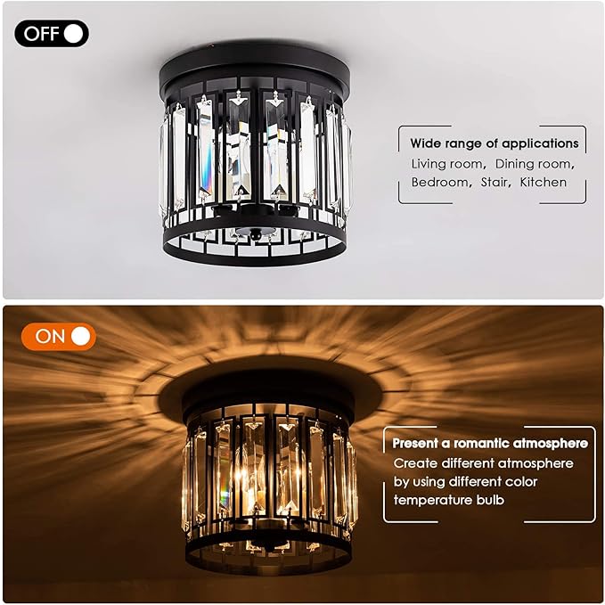 Elegant Crystal Flush Mount Chandelier Light Fixture with K9 Crystal, 3 Light Modern Close to Ceiling Light for Kitchen Hallway Dining Room Living Room E12 Base Black