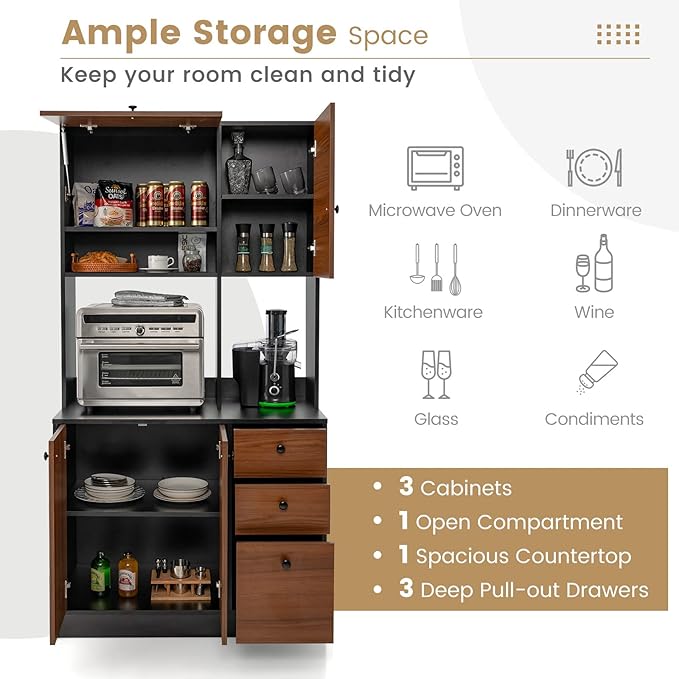 Giantex Kitchen Pantry, Buffet Hutch with 3 Storage Cabinet, 71'' Floor Large Cupboard with 3 Deep Drawers, Wide Countertop, Adjustable Shelves, Tall Sideboard (Walnut)
