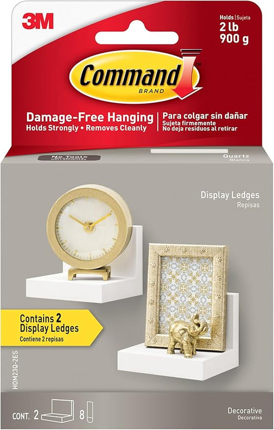 Command Display Ledges, Holds up to 2 lb, Quartz, 2 Ledges with 8 Medium Strips, Damage-Free Hanging Floating Shelf with Adhesive Strips, Personalize Living Room, Bedroom, Kids Room or Office