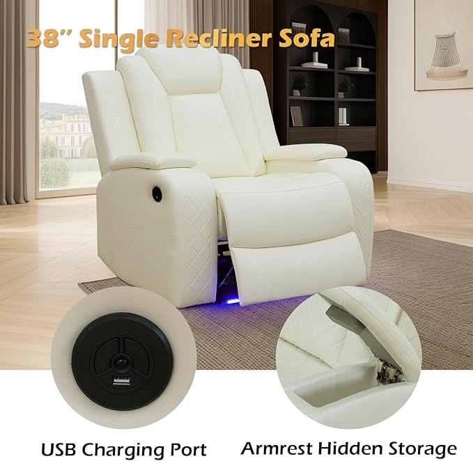 Leather Power Recliner Sectional Sofa Set with LED Light,L Shaped Leather Couch Set with Chair*2,Modular Corner Sofa with USB Ports for Living Room Furniture(White, Sectional+Chair*2)