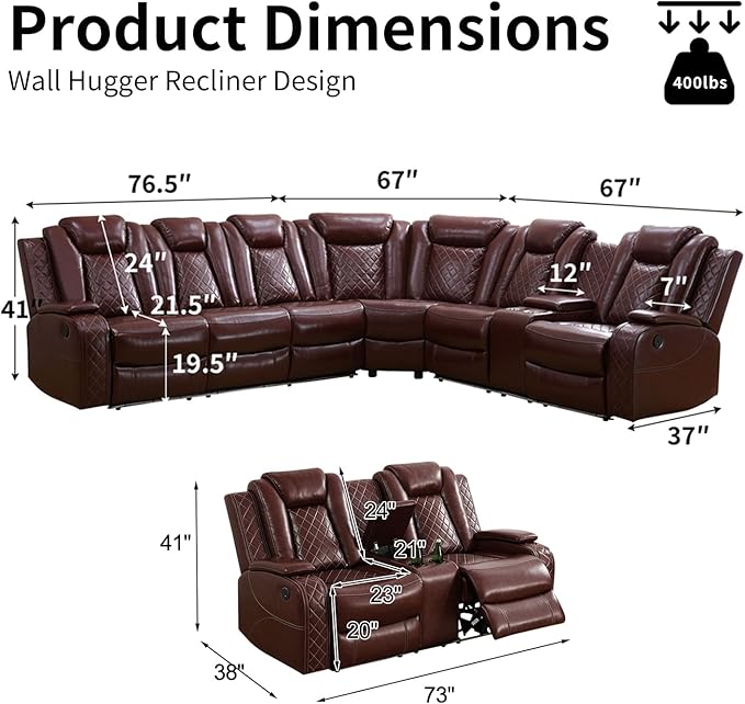 Power Leather Recliner Sectional Sofa with LED Light,L Shaped Reclining Couch with USB Charger/Cup Holder/Storage,Leather Sofa for Living Room Furniture Sets(Burgundy,Sectional+2 Seats)
