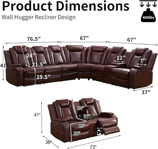 Power Leather Recliner Sectional Sofa with LED Light,L Shaped Reclining Couch with USB Charger/Cup Holder/Storage,Leather Sofa for Living Room Furniture Sets(Burgundy,Sectional+2 Seats)