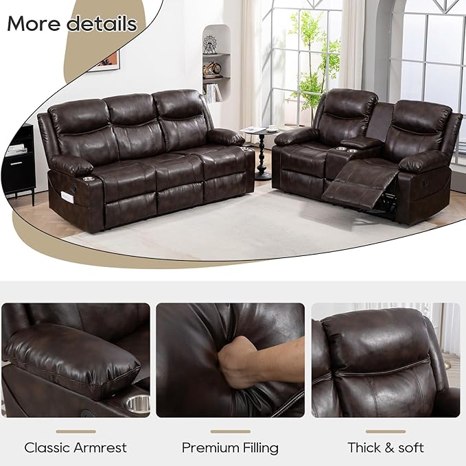 Recliner Sofa Set - Reclining Sofa Couch Set, 2 Pieces Recliner Furniture Sofa Set, 3-Seater Reclining Sofa & 2-Seater Reclining Loveseat with Massage & Heat for Living Room (Brown) | Cup Holder, Side pocket, Storage, Console
