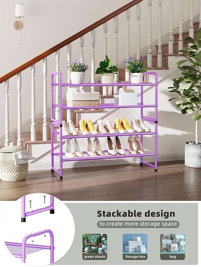 SUFAUY 2 Tier 33" Shoe Rack Closet, Metal Mesh, Stackable, Purple