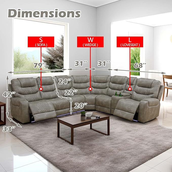 Power Reclining Sectional Sofa Set with LED Lights, Vegan Leather Grey Recliner Sectional Couch for Living Room Furniture Sets, USB Charging/Storage Console/Cup Holders,Grey