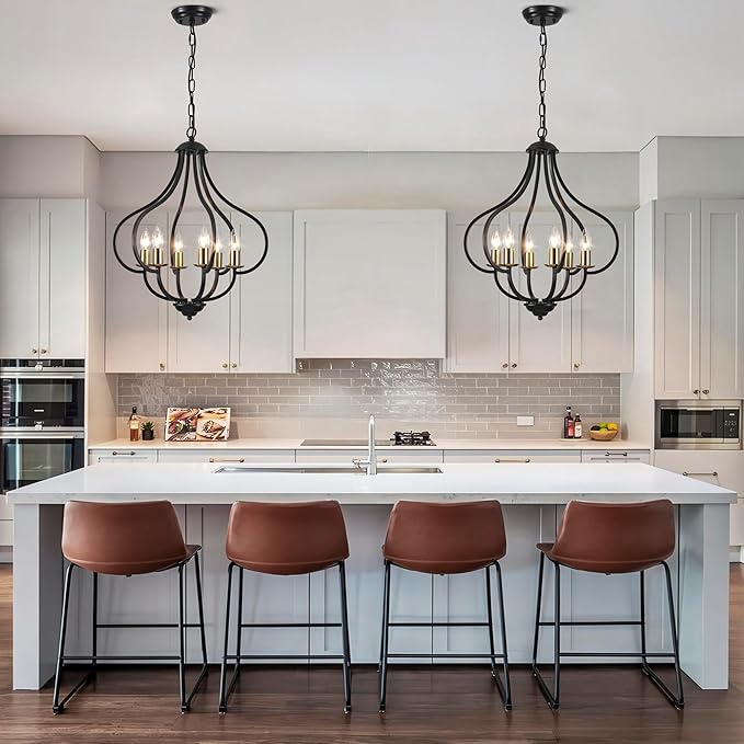 6 Lights Black Farmhouse Chandelier for Dining Room, Vintage Pendant Light Fixture Adjustable Hanging for Kitchen Island Foyer Hallway