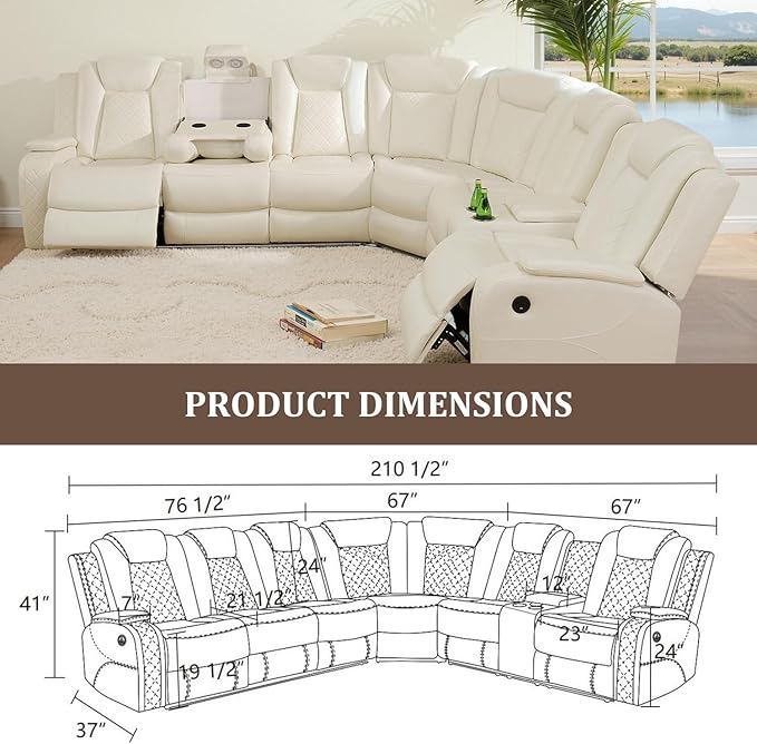 Power Recliner Sectional Couch with LED, Leather Reclining Sofa for Living Room, Muti-Functional Recliner Corner Sofa with Storage Console/Cup Holders/USB Ports (Creamy White, SECTIONAL)